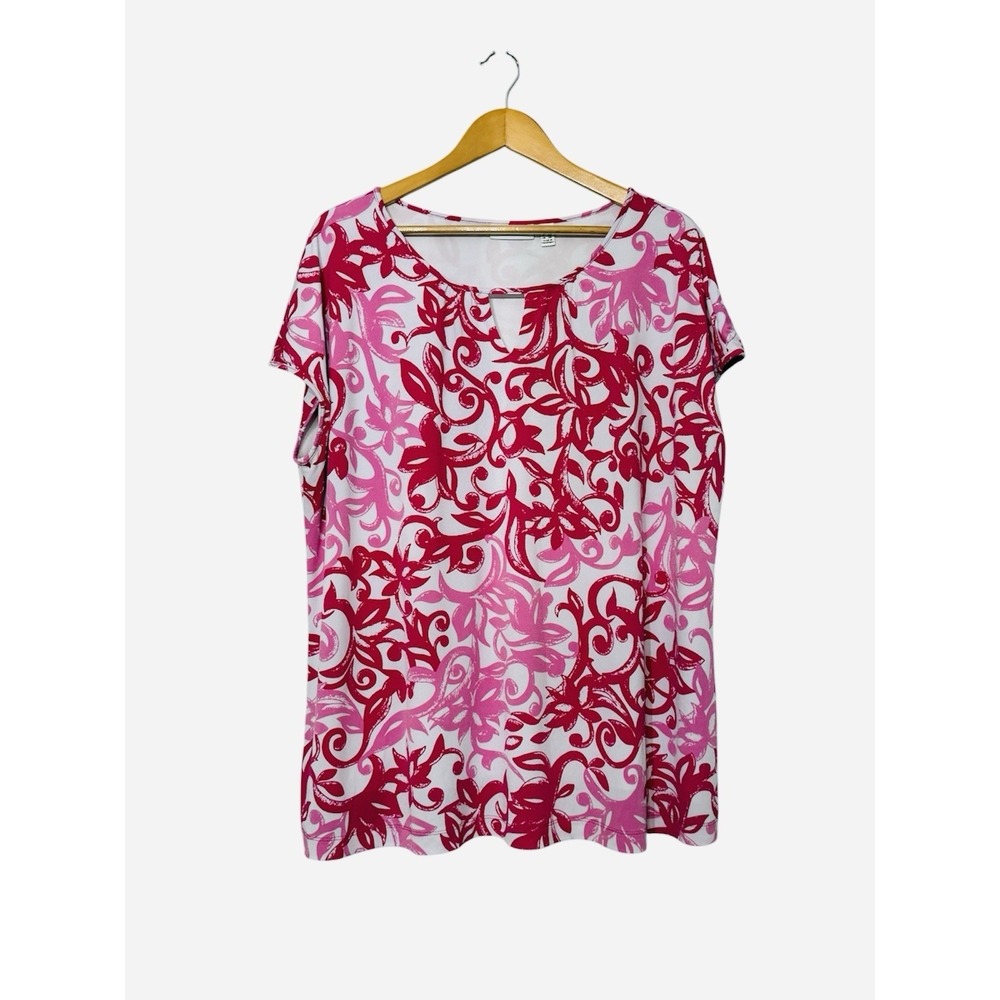 Susan Graver Liquid Knit Cap Sleeve Scroll Print Top Lined Stretchy Women's 2X